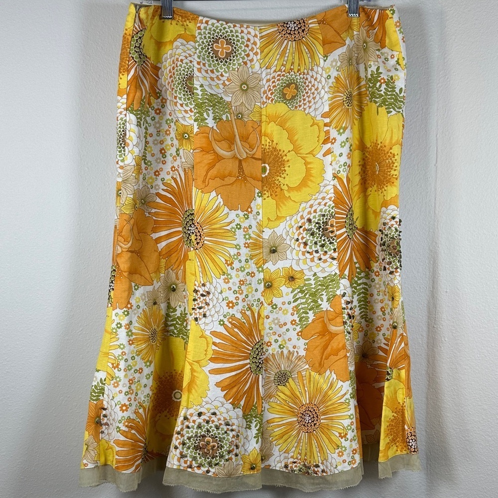 Evelyn Sunshine Floral Beaded A-Line Linen Blend Skirt Retro Vintage Style Sz 14 - Picture 6 of 8